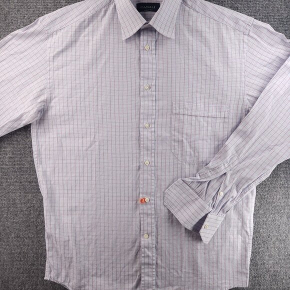 Canali Blue Purple Italy Check All Cotton 15.5 Button Up Luxury Long Sleeve Men - Picture 2 of 16
